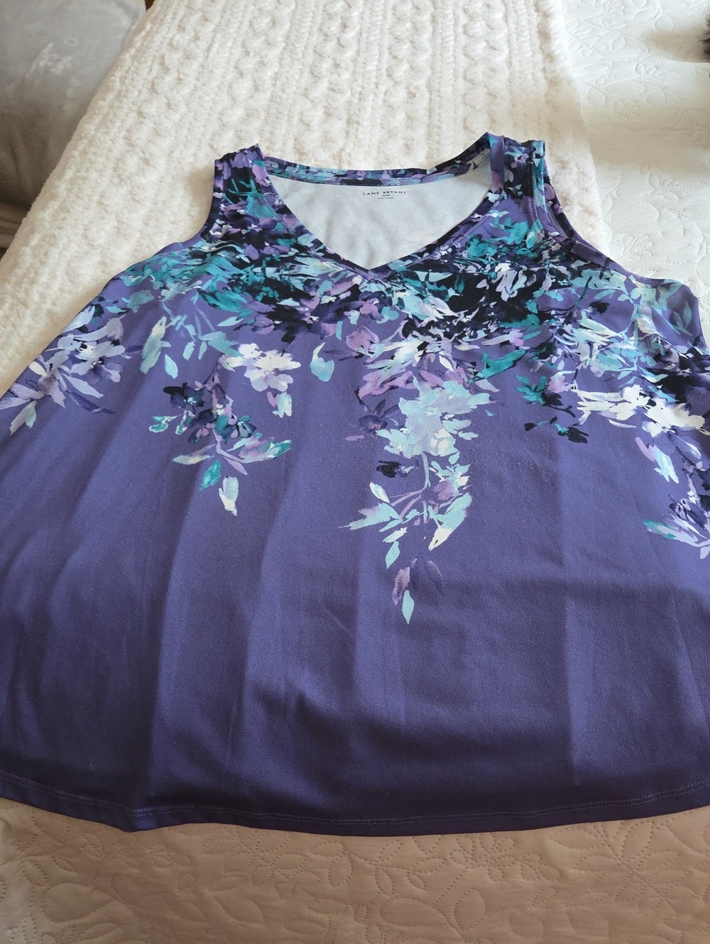 Lane Bryant Purple Floral V-Neck Tank with Teal and White Accents